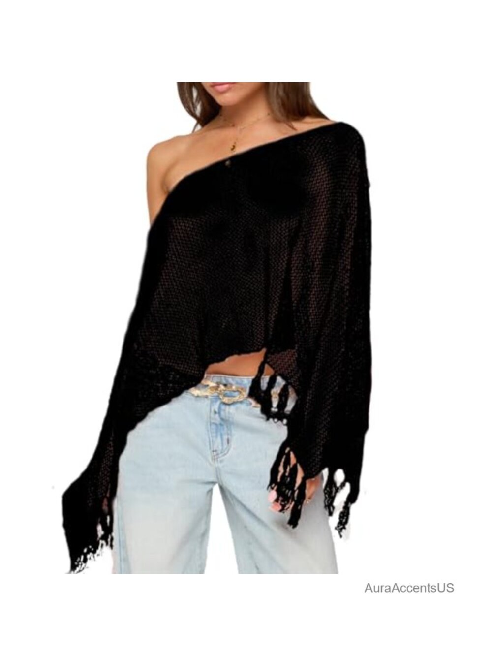 One Shoulder Sequin Crochet Poncho Mesh Sheer Swimwear Cover Up